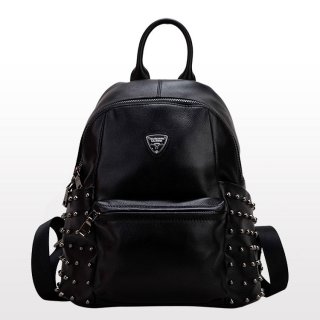 Black Genuine Leather Lady Girl Round Rivets Backpacks Bags