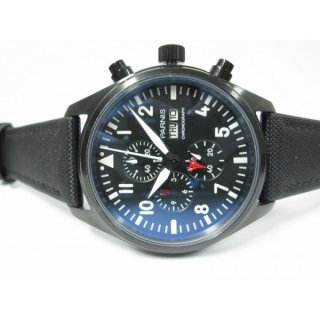 Parnis Chrono Quartz Watch Day-Date Black Dial White Markers Leather Strap