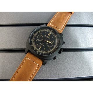 Parnis 44MM Chrono Quartz Tachymeter Watch PVD Case Leather Strap Yellow Markers