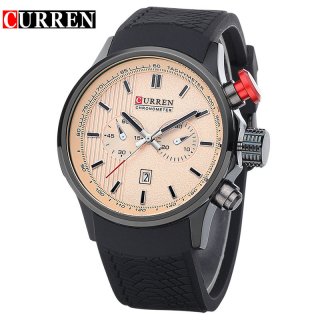 CURREN Men Watch With Date Stick Markers Rubber Strap Quartz Fashion Watch 8175