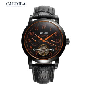 Caluola Tourbillon Automatic Watch Day-Date Full Black Fashion Men Watches CA1048M2