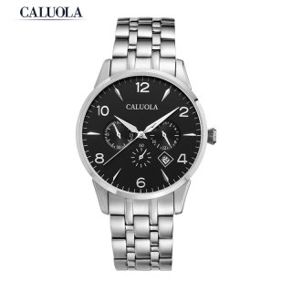 Caluola Quartz Watch Date 24-Hour Chronograph Sport Men Watch Steel Leather CA1020GOS
