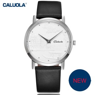Caluola Fashion Watch Quartz Relief Dial Men Business Leather Watch CA1053GL