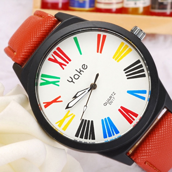 Roman Numeral Markers White Dial Leather Strap Alloy Case Women Watch
