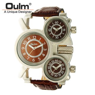 Oulm Luxury Brand Mens Leather Band Quartz Watch Three Time Zone HP1167