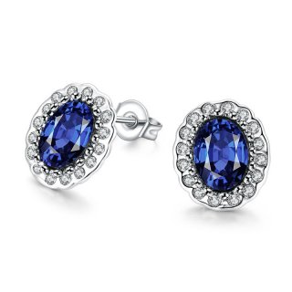 Big Blue Zircon Noble Round 925 Sterling Silver Stud Earrings For Women