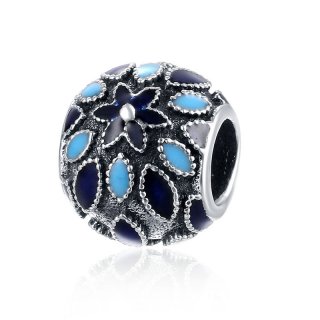 925 Sterling Silver Floral Silver 3 Shades Blue Enamel Beads Charm Fit Pandora Original Bracelet