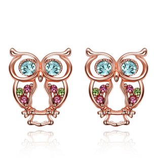 Owl Earrings Trendy Rose Gold Plated Lovely Animal Stud Earring with Multi Color CZ Crystal Jewelry for Women