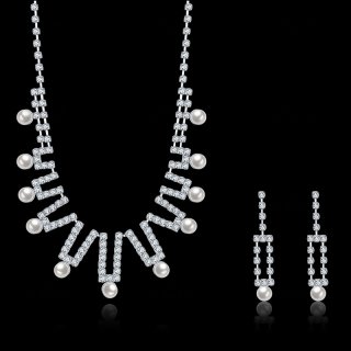 Simulated Pearl Full Crystal Paved Jewelry Sets Geometric Pendant Necklace Earrings For Women Wedding CDS0