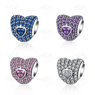 Heart in Heart & Colors Pave CZ Charm Bead Fits Pandora Bracelet Anthentic 925 Sterling Silver DIY Jewelry