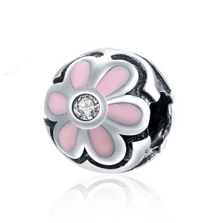 925 Sterling Silver Pink Flower Beads DIY Charms Big Hole Charm Crystal Zircon Bead Fit For Pandora Charms Bracelet and Neckl