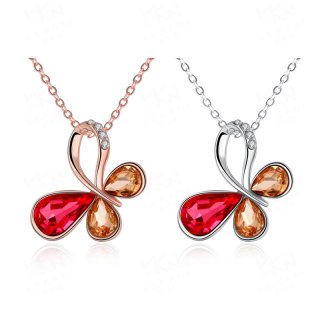 Animal Design Hollow Butterfly Gold Plated with Red&Champagne Rhinestones Pendant Necklaces AKN025