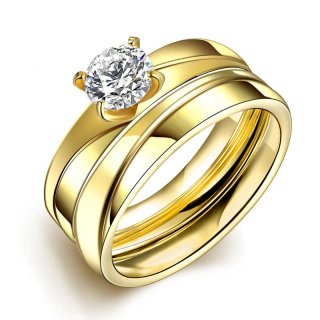 Zircon Double Ring Charm Jewelry 316L Stainless Steel Golden Lovers Rings For Women R049