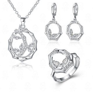 Silver Plated Bamboo Necklace Earrings Rings Jewelry Sets For Women AAA+ Cubic Zircon Diamond Bridal Jewelry Sets