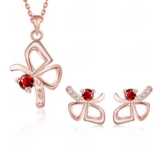 Women Jewelry Sets Lovely Bowknot Inlaid Cubic Zirconia and Red/Blue Crystal Gold Plated Pendant Necklace + Earrings