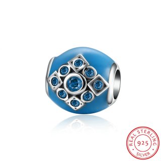 Blue Enamel & Crystal Charm Beads Authentic 925 Silver Oval Beads for Jewelry Making DIY Craft