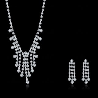 Women Evening Party Jewelry Set Micro Pave Setting Clear Crystal Stone Dangle Drop Necklace Earrings With Silver Plated