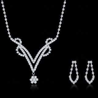 Classic Rhinestone Austrian Crystal Choker Necklace Earrings Pendant Wedding Jewelry Sets CDS029