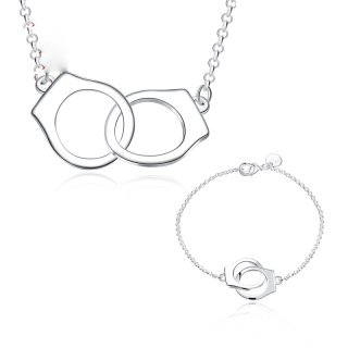 Silver Plated Jewelry Set For Women Personalized Handcuff Necklace + Bracelet BKS001