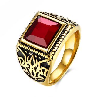 Red Black Natural Stone Square Rings For Men Titanium Steel Gold Plated Rings TGR114