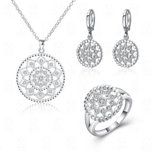 Jewelry Sets Beautiful Silver Plated Hollow Sunflowers Inlaid Zircon Necklace + Earrings + Ring for Women