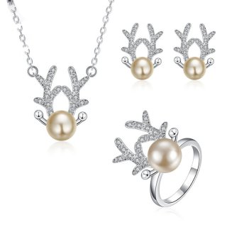 Imitation Pearl Jewelry Sets Silver Deer Antler Earrings Necklace Ring Set For Women Wedding