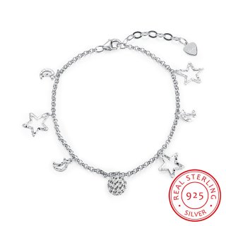 925 Sterling Silver Bracelet Moon & Star Fashion Bracelets for Girls Christmas Gifts