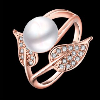 Gold Plated Pearl Diamond Leaf Ring for Women