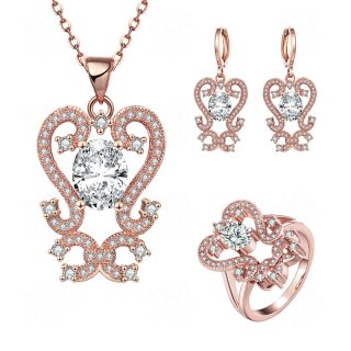 Fashion Gold Plated Elegant Flowers Environmental with Cubic Zirconia Jewelry Sets Necklace+Earrings+Ring