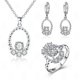 Shining Zircon White Crystal Bead Jewelry Sets Silver Plated Women Earrings Necklace Set And Rings Jewelry