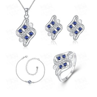 Elegant Cubic Zirconia Jewelry Sets Blue/Red Necklace+Earrings+Ring+Braclet