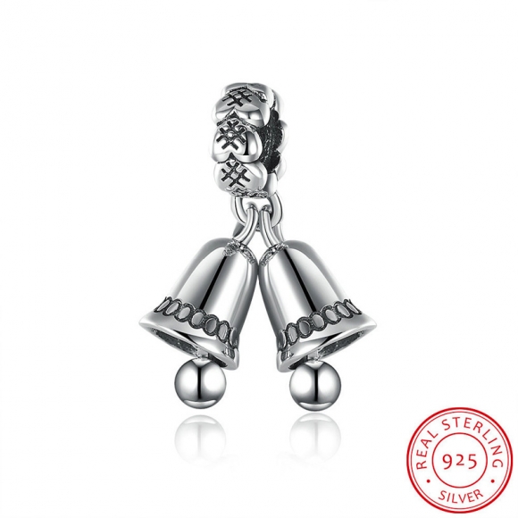 Silver Double Tinkle Bell Pendant Charm Fits Pandora DIY Bracelets Anthentic 925 Silver Dangle Beads for Jewelry Making.
