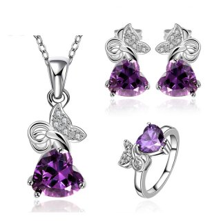 Silver Plated Jewelry Set Party Jewlery For Lady Fashion Purple Stone Necklace Ring Earrings