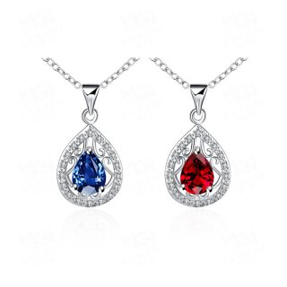 High Quality Silver-Plated Water Drop with Cubic Zirconia Blue/Red Crystal Pendant Necklace Jewelry for Women