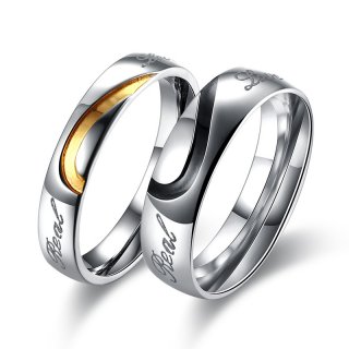 Classic Gold/Black Color Heart Shaped Stainless Steel Wedding Rings For Couples TGR125