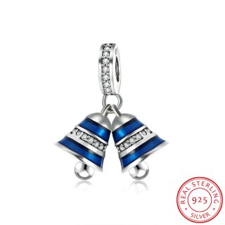 Rhinestone & Blue Enamel Christmas Bells Charms Fits Pandora DIY Bracelets Anthentic 925 Silver Crystal Bead for Jewelry Maki
