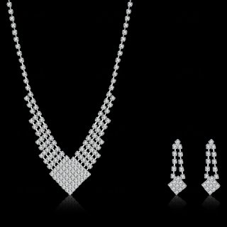Hot Rhinestone Crystal Silver Plated Wedding Decoration Necklace Earrings Women Wedding Jewelry Sets With Square Pendant CDS026