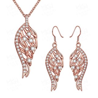 Hot Sale Jewelry Collection Angel Wings Inlaid Cubic Zircon Diamond Yellow/Rose/White Gold Plated Necklace&Earrings Jewellery Se