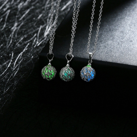 Hollow Circular Green Luminous Necklace 925 Sterling Silver Wedding Necklace Pendant for Women YGN079