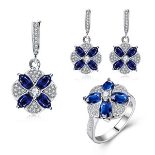 Simple Design Platinum Plated with Flower Shaped Inlaid 4 Blue Crystals Jewelry Necklace /Earrings /Ring for Party