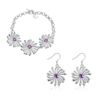 New Arrival Fashion Girls Elegant Zirconia Silver Plated Daisy Party Bracelet Earrings Jewelry Sets