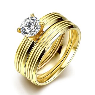 Top Quality Titanium 8K Gold EP Flat Stripe Double Rings Zircon Stone Women Men Wedding Jewelry Ring R053
