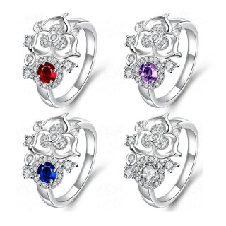 New Elegant AAA+ Cubic Zirconia Brass Silver Plated Flower with Blue/Purple/Red/White Stone Ring Jewelry