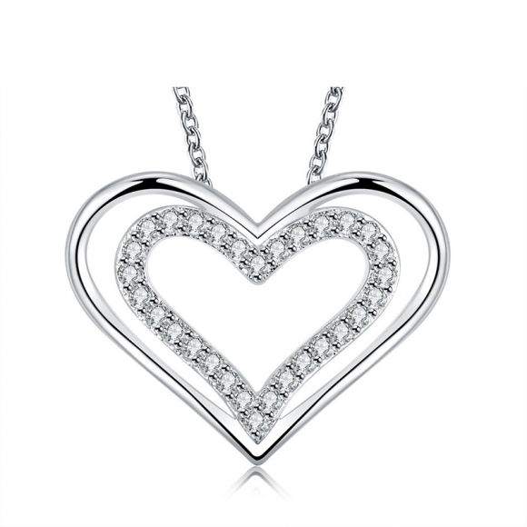 New Fashion Silver Plated Chain Double Hearts Shape with Zircon Crystal Pendant Necklace Jewelry for Women LKNSPCN721