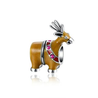 Sterling Silver 925 Deer Beads with Brown Enamel and Purple Zircon DIY Charm Gift Bead For Pandora Charms Bracelet for Women