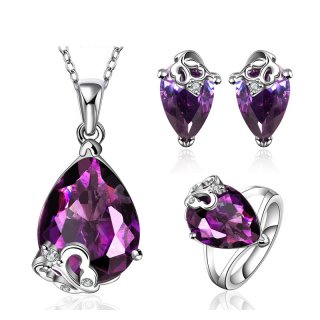 Luxury Water Drop Purple Crystal AAA CZ Jewelry Sets For Women Earring/Pendant/Ring Fashion Bridal for Women