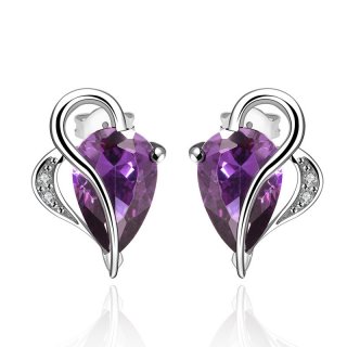 Fashion Platinum Heart Stud Earring Luxury Purple Cubic Zircon Diamond Earring for Women
