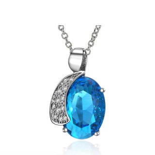 New Style Fashion Platinum Plated Inlaid Blue Oval&Moon Crystal&Zirconia Pendant Charm Necklace Bridal Jewelry for Women