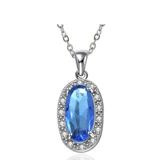 Hot Sale Fashion Jewelry Inlaid Blue Cubic Zirconia Oval Platinum Plated Pendant Necklaces for women