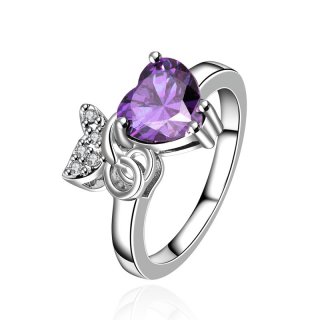 New Design Platinum Plated Lovely Butterfly Inlaid Cubic Zirconia with Heart Purple Crystal Rings Fashion Jewelry